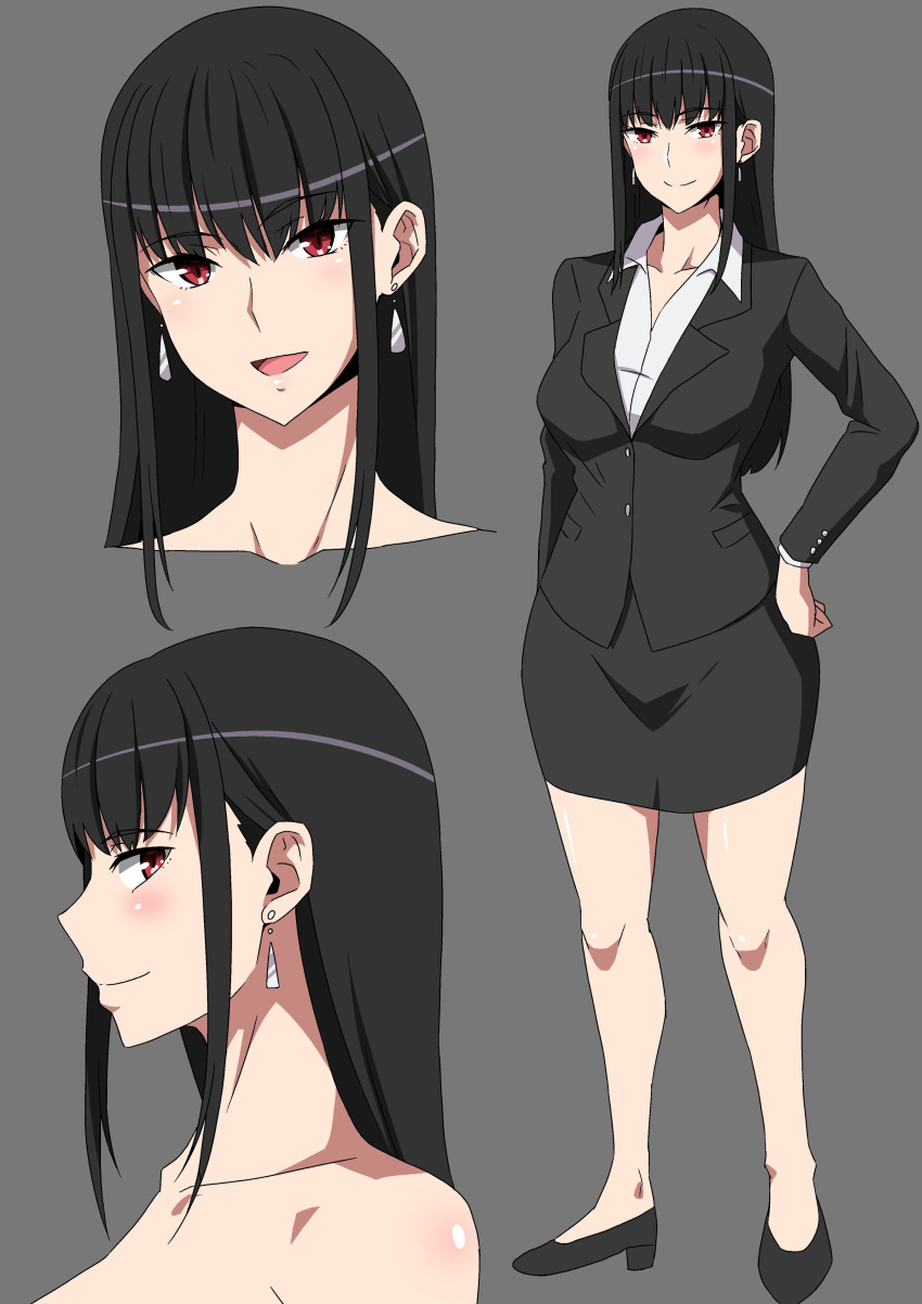 1girl absurdres bangs black_hair black_skirt black_suit blush breasts character_sheet collarbone collared_shirt dress_shirt earrings formal full_body hara_(harayutaka) highres jewelry large_breasts long_hair long_sleeves looking_at_viewer multiple_views office_lady open_mouth original pencil_skirt red_eyes shirt skirt skirt_suit smile suit white_shirt