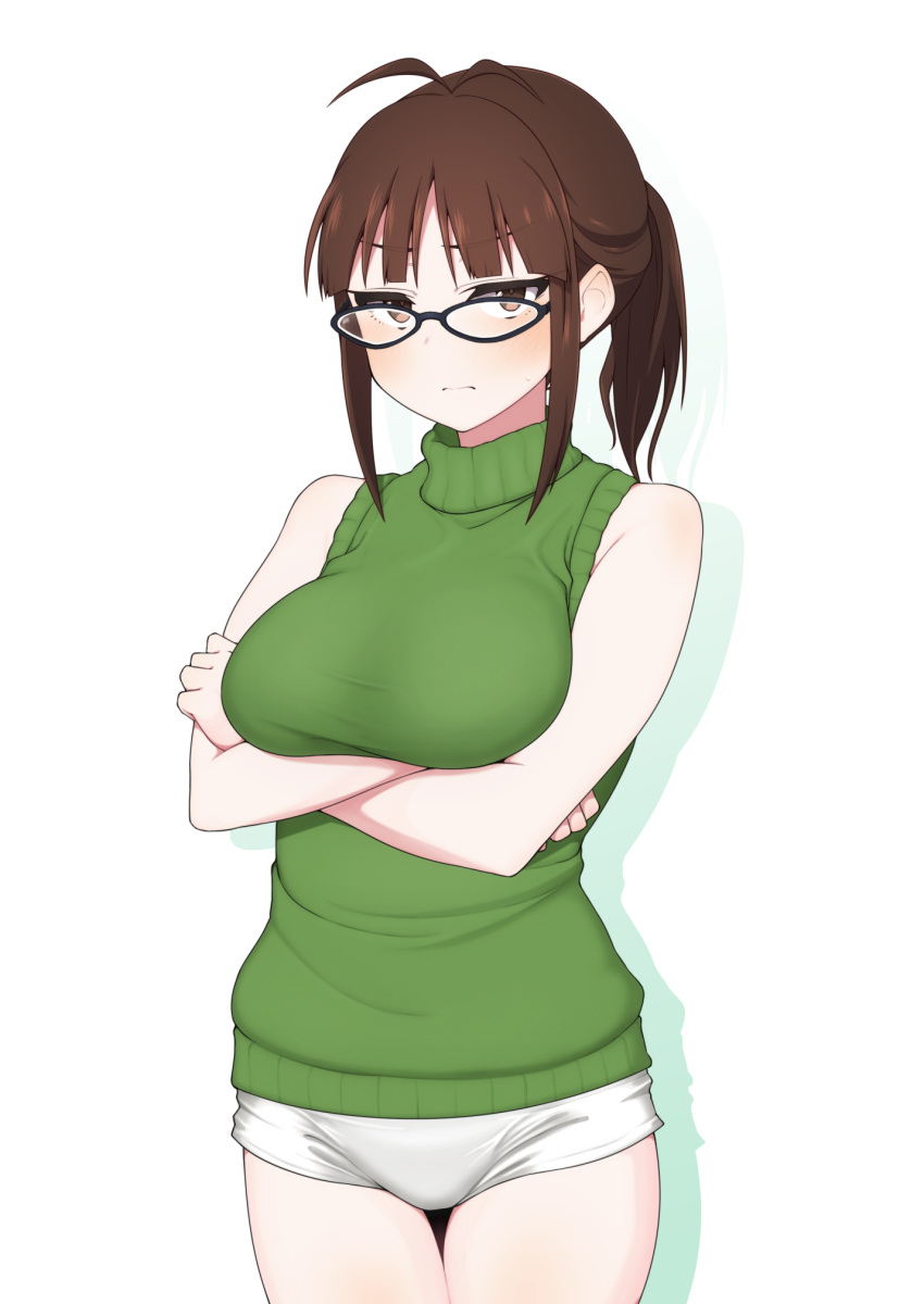 1girl akizuki_ritsuko alternate_hairstyle antenna_hair arms_under_breasts bangs bare_arms bare_shoulders black-framed_eyewear blunt_bangs blush breasts brown_eyes brown_hair closed_mouth commentary_request cowboy_shot crossed_arms drop_shadow eyebrows_visible_through_hair glasses green_sweater highres idolmaster idolmaster_(classic) large_breasts looking_at_viewer minakami ponytail short_hair short_shorts shorts sidelocks simple_background sleeveless sleeveless_turtleneck solo standing sweatdrop sweater thigh_gap turtleneck turtleneck_sweater white_background white_shorts