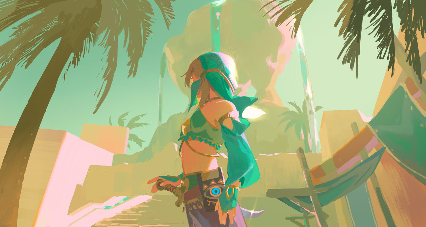 1boy bare_shoulders blonde_hair blue_eyes commentary cowboy_shot crossdressinging day detached_sleeves from_side gerudo_set_(zelda) highres link male_focus midriff mouth_veil official_alternate_costume otoko_no_ko outdoors palm_tree pixiescout pointy_ears sheikah_slate solo sword the_legend_of_zelda the_legend_of_zelda:_breath_of_the_wild tree veil weapon