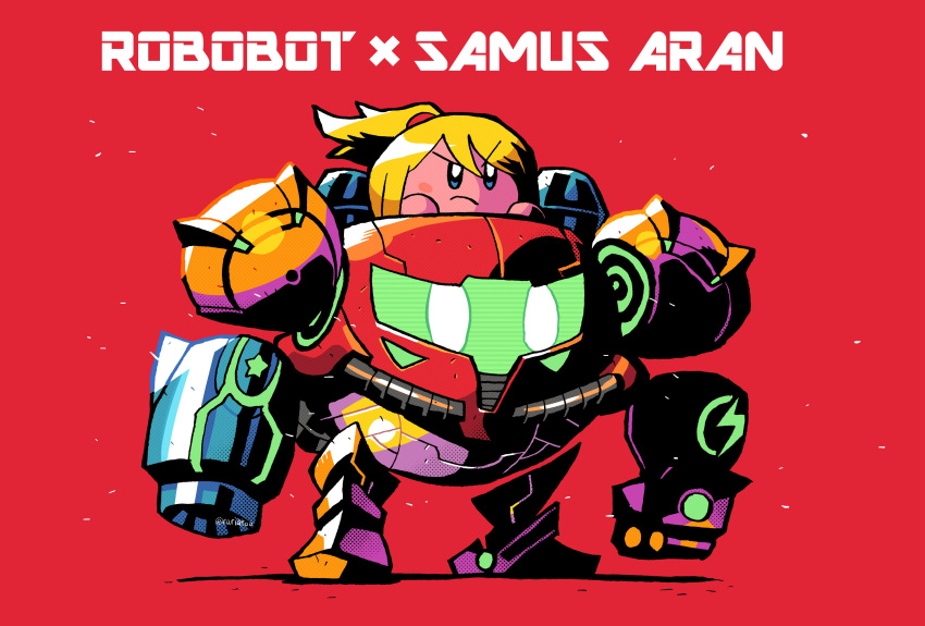 absurdres blonde_hair blue_eyes cosplay crossover frown furrowed_eyebrows highres kirby kirby:_planet_robobot kirby_(series) mecha metroid ponytail rariatto_(ganguri) red_background robobot_armor samus_aran samus_aran_(cosplay) varia_suit