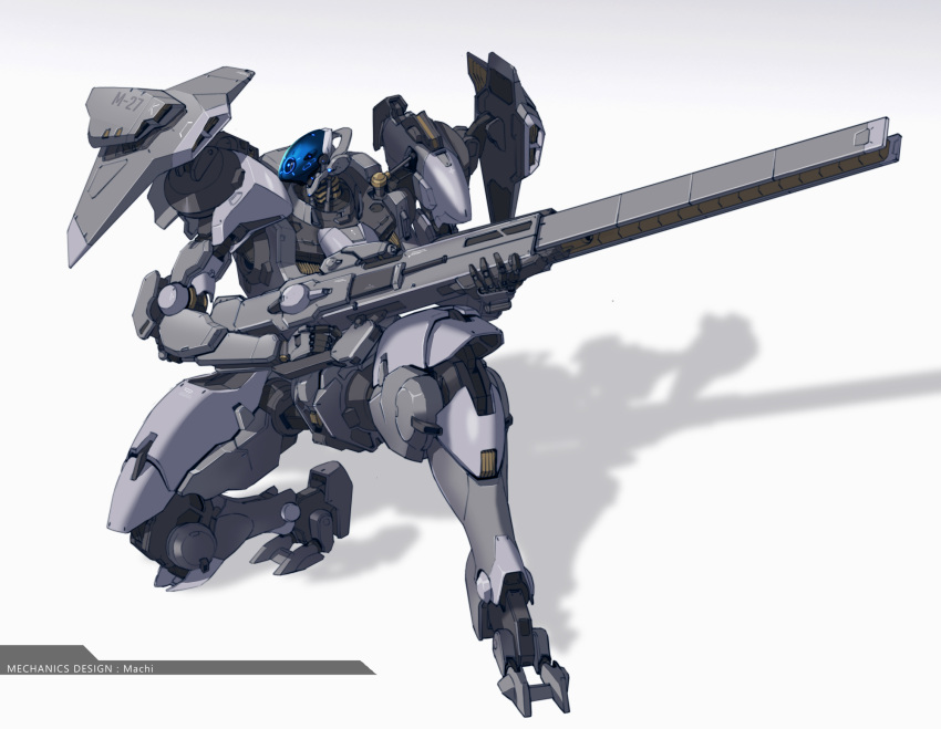 grey_background gun highres holding holding_gun holding_weapon machi_(kjj6997) mecha one_knee original robot science_fiction weapon