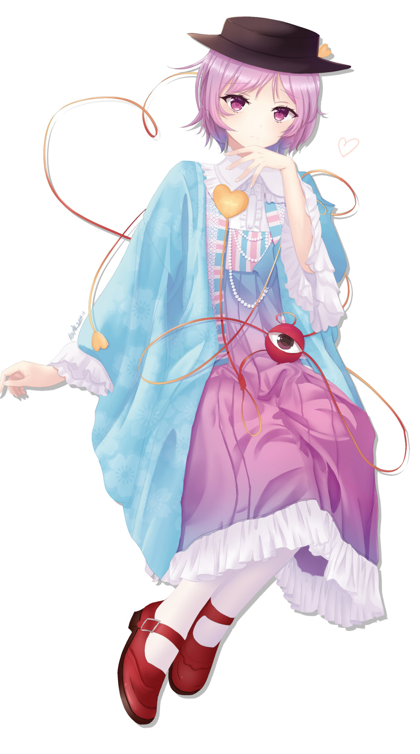 1girl absurdres alternate_costume blouse blue_cape blue_skirt breasts brown_headwear cape collared_blouse eyeball frilled_shirt_collar frilled_skirt frills gradient_skirt hairband hat heart heart_of_string highres jewelry komeiji_satori long_skirt long_sleeves necklace pearl_necklace pink_eyes pink_hair pink_skirt red_footwear short_hair skirt small_breasts thigh-highs third_eye touhou white_blouse white_cape white_legwear wide_sleeves zhangyunhah