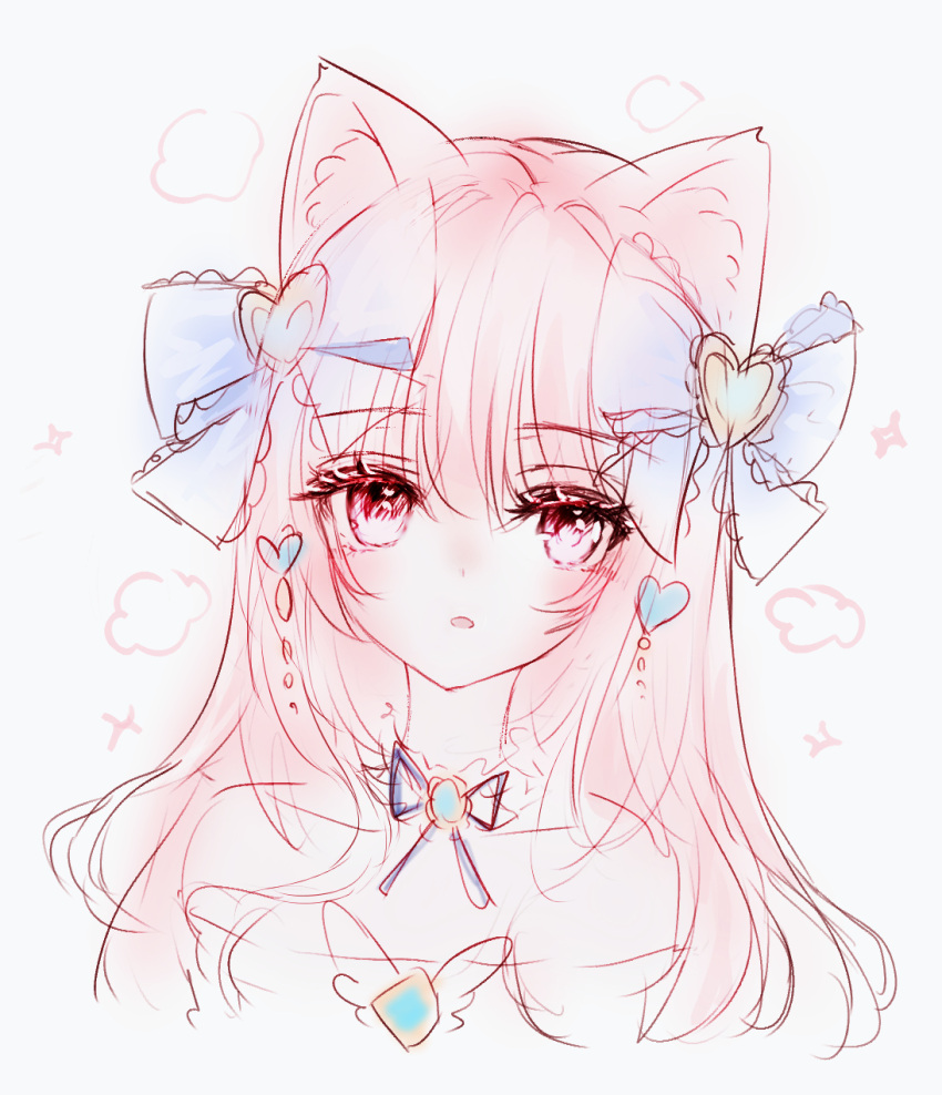 1girl animal_ear_fluff animal_ears bangs blue_bow blush bow commentary_request cropped_torso eyebrows_visible_through_hair grey_background hair_between_eyes hair_bow heart highres looking_at_viewer original parted_lips pink_hair simple_background solo tandohark upper_body violet_eyes