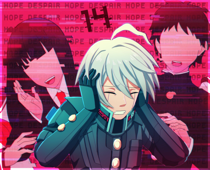 1girl 2boys ahoge android black_gloves black_jacket border brown_hair cheer_(cheerkitty14) clenched_teeth closed_eyes collared_shirt covering_ears dangan_ronpa_(series) dangan_ronpa_v3:_killing_harmony english_commentary faceless faceless_female faceless_male gloves grey_hair hair_between_eyes highres jacket keebo long_hair multiple_boys necktie number open_mouth pink_background pink_border red_neckwear shirt short_hair solo_focus teeth upper_body upper_teeth
