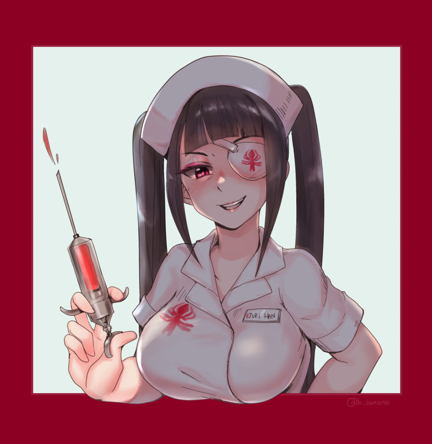 1girl alternate_hair_length alternate_hairstyle bangs black_hair blunt_bangs blush border breasts chamame character_name commentary_request eyepatch fourth_wall han_juri hat highres holding holding_syringe large_breasts lips long_hair looking_at_viewer name_tag nurse nurse_cap official_alternate_costume one-eyed outside_border red_border solo street_fighter street_fighter_v syringe twintails upper_teeth violet_eyes white_background