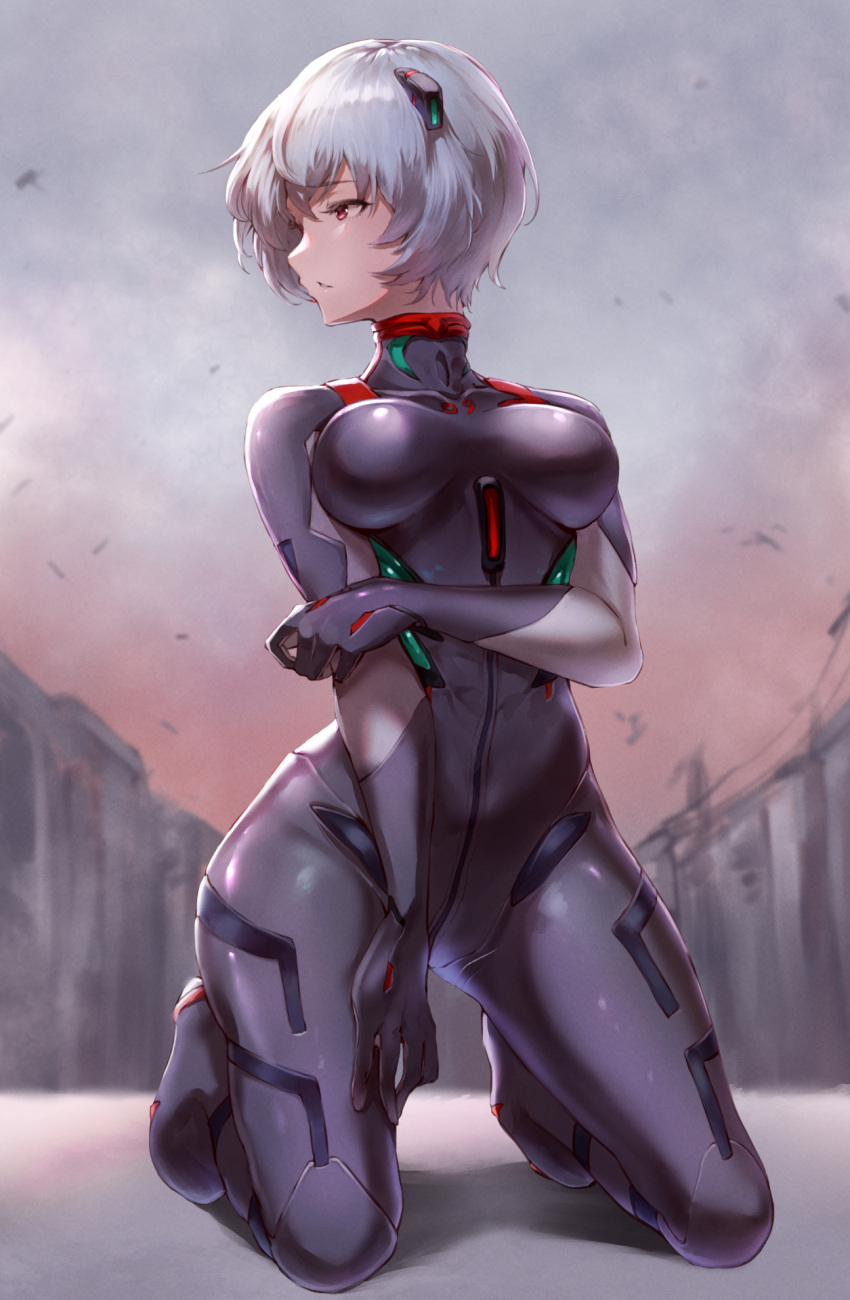 1girl ayanami_rei bangs blue_hair bodysuit breasts building clouds concrete debris evangelion:_3.0+1.0_thrice_upon_a_time eyebrows_visible_through_hair full_body grey_bodysuit hand_on_own_thigh head_tilt headgear highres holding_own_arm interface_headset jojobirdz kneeling long_sleeves looking_away multicolored multicolored_clothes neon_genesis_evangelion number parted_lips pilot_suit plugsuit rebuild_of_evangelion red_eyes red_sky shadow short_hair sky solo zipper