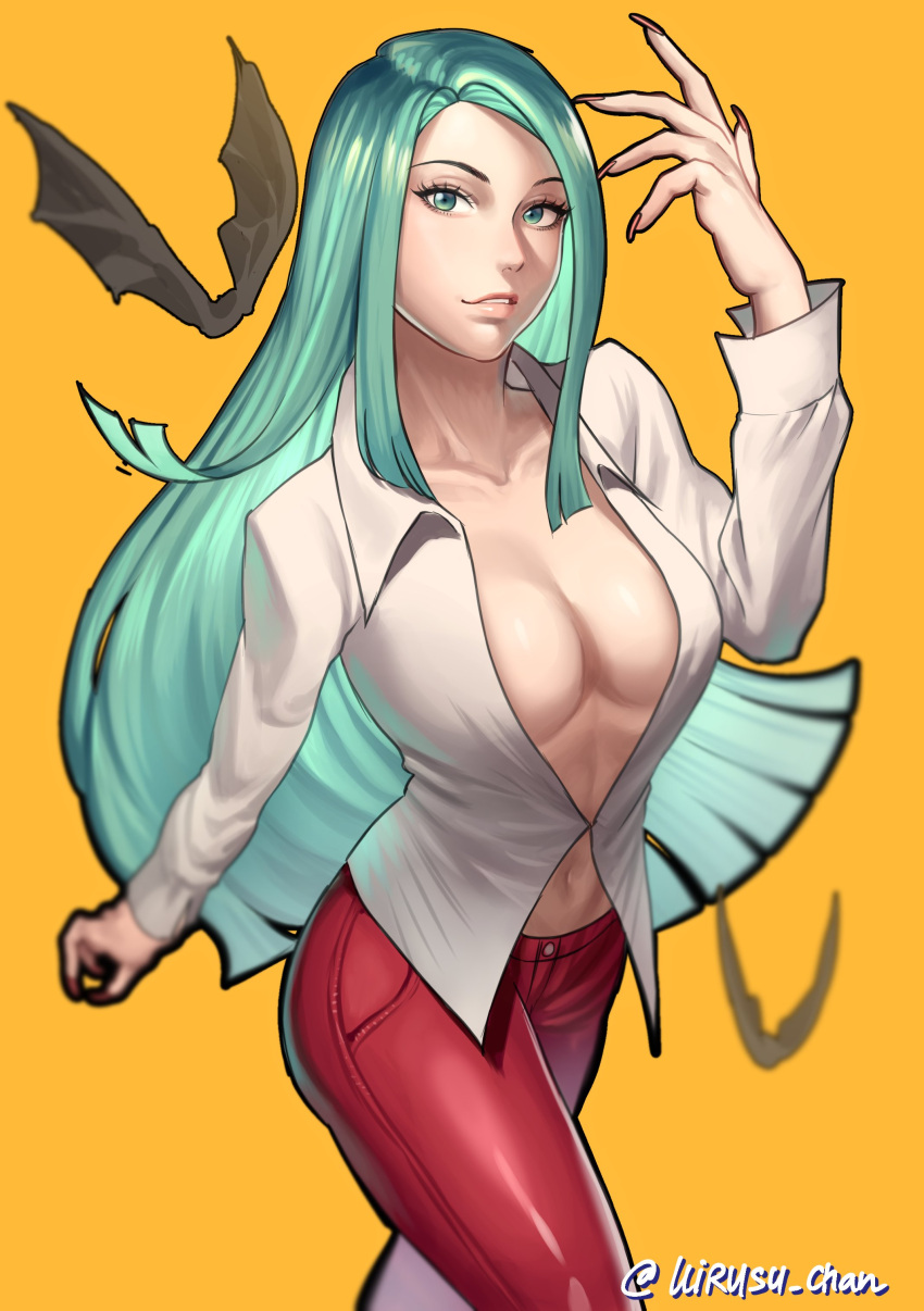 1girl absurdres alternate_costume alternate_hairstyle bat blurry breasts demon_girl fingernails green_eyes green_hair hanny_(uirusu_chan) highres large_breasts long_hair looking_at_viewer morrigan_aensland pants red_pants shirt sidelocks solo twitter_username vampire_(game) white_shirt yellow_background