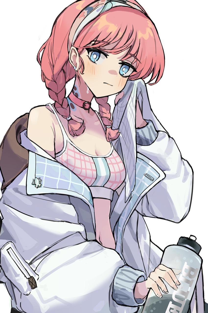 1girl arknights bangs bare_shoulders blue_eyes blue_poison_(arknights) blue_poison_(shoal_beat)_(arknights) blush bottle braid breasts camisole choker commentary ear_piercing eyebrows_visible_through_hair hairband hand_up highres holding holding_bottle jacket looking_at_viewer medium_hair navel o-ring o-ring_choker off_shoulder official_alternate_costume open_clothes open_jacket piercing pink_choker pink_hair scales simple_background small_breasts solo spaghetti_strap sports_bra sweat upper_body water_bottle white_background white_jacket wiping_face yurooe