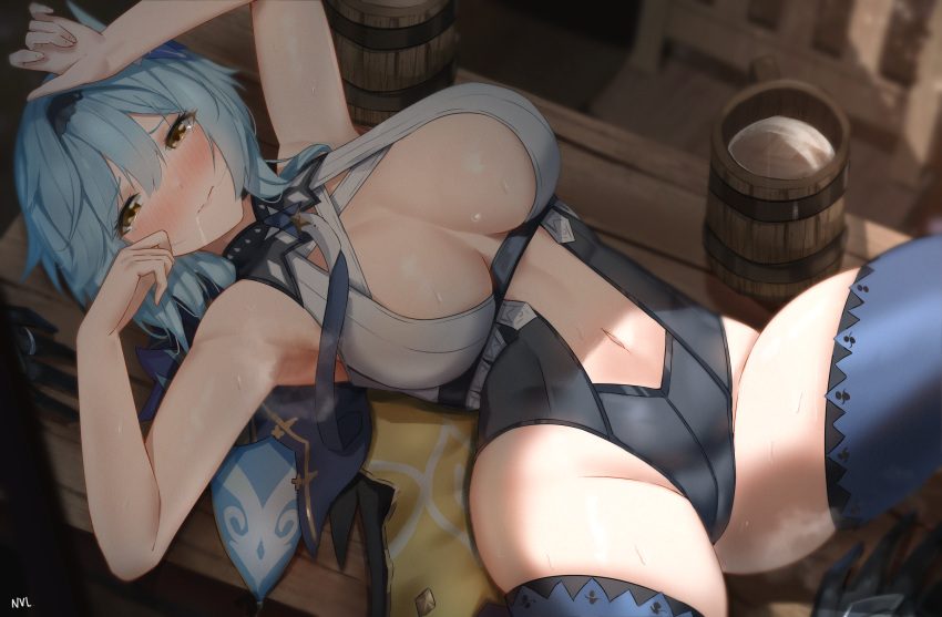 1girl armpits arms_up bare_arms bare_shoulders beer_keg black_leotard blue_hair blue_legwear blush breasts breasts_apart brown_eyes center_opening closed_mouth eula_(genshin_impact) frown genshin_impact hairband highleg highres huge_filesize large_breasts leotard long_hair looking_at_viewer lying navel nose_blush nvl on_back revealing_clothes solo stomach sweat thigh-highs thighs yellow_eyes