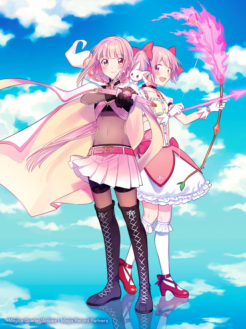 2girls aiming aniplex ankle_ribbon arrow_(projectile) back-to-back bangs belt bike_shorts black_footwear black_gloves blue_sky blunt_bangs bodystocking boots bow bow_(weapon) braid bubble_skirt buttons center_frills chain clenched_hand cloak closed_mouth clouds cloudy_sky collarbone commentary_request copyright_name cover cover_page creature creature_on_shoulder crop_top cross-laced_footwear crossbow dot_nose eyebrows_visible_through_hair fire flame flat_chest floating_hair flower frilled_legwear frilled_skirt frills fuji_fujino full_body gloves glowing groin hair_ribbon hand_on_own_arm highres holding holding_bow_(weapon) holding_weapon hood hood_down kaname_madoka kyubey leaf legs_together light_blush light_particles light_rays looking_at_another looking_at_viewer looking_to_the_side magia_record:_mahou_shoujo_madoka_magica_gaiden mahou_shoujo_madoka_magica midriff multiple_girls navel official_art on_shoulder open_mouth pink_belt pink_bow pink_eyes pink_flower pink_hair pink_rose pink_skirt pleated_skirt puffy_short_sleeves puffy_sleeves red_footwear red_ribbon reflection reflective_floor ribbon rose shiny shiny_hair short_sleeves sidelocks skirt sky smile socks soul_gem standing straight_hair tamaki_iroha thigh-highs thigh_boots turtleneck twin_braids waist_bow weapon white_cloak white_gloves white_legwear white_skirt zettai_ryouiki