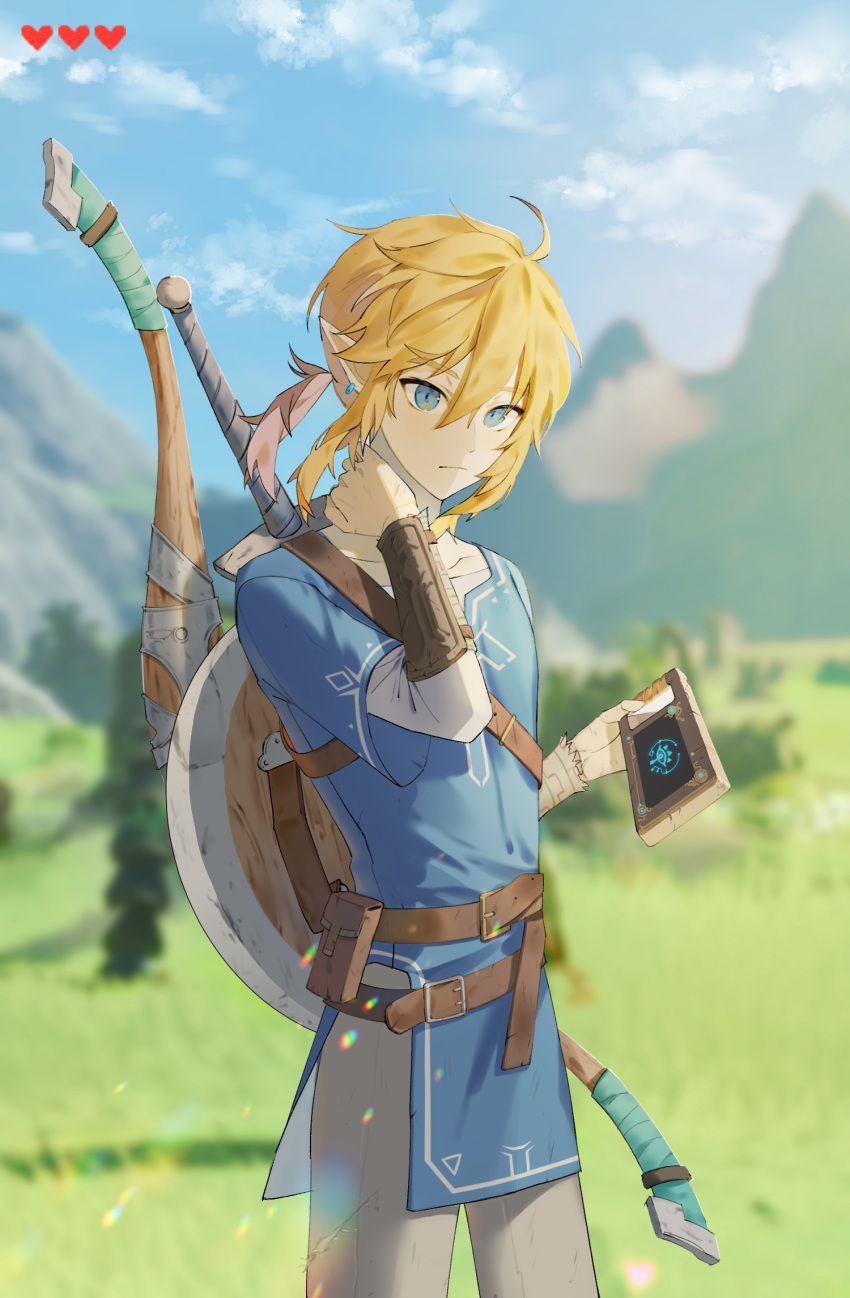 1boy ahoge bangs belt blonde_hair blue_eyes blue_shirt blurry blurry_background bow_(weapon) brown_belt closed_mouth clouds cowboy_shot day depth_of_field earrings frown grass grey_pants hand_on_own_neck heart highres holding jewelry link looking_at_viewer male_focus medium_hair outdoors pants pointy_ears sheikah_slate shield shirt sky solo sword the_legend_of_zelda the_legend_of_zelda:_breath_of_the_wild tree tunic unmyeong weapon