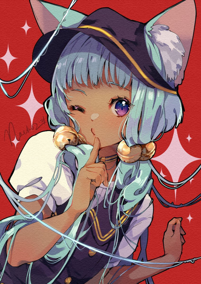 1girl animal_ear_fluff animal_ears aqua_hair bangs bell cat_ears cat_girl chess_(nachoz) dark-skinned_female dark_skin ears_through_headwear english_commentary finger_to_mouth hair_ornament highres long_hair nachoz_(nachozart) one_eye_closed original red_background short_sleeves shushing simple_background solo upper_body violet_eyes