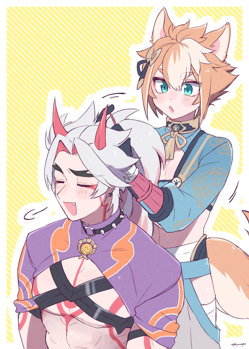 2boys =3 adjusting_another's_hair alternate_costume animal_ears arataki_itto bodypaint closed_eyes dog_boy dog_ears dog_tail facepaint fang genshin_impact gorou_(genshin_impact) grey_hair hair_ornament highres homare_(g_hmr88) horns long_hair male_focus multicolored_hair multiple_boys open_mouth orange_hair outline parted_lips ponytail red_horns redhead simple_background tail tassel thick_eyebrows toned toned_male vision_(genshin_impact) white_hair white_outline yellow_background