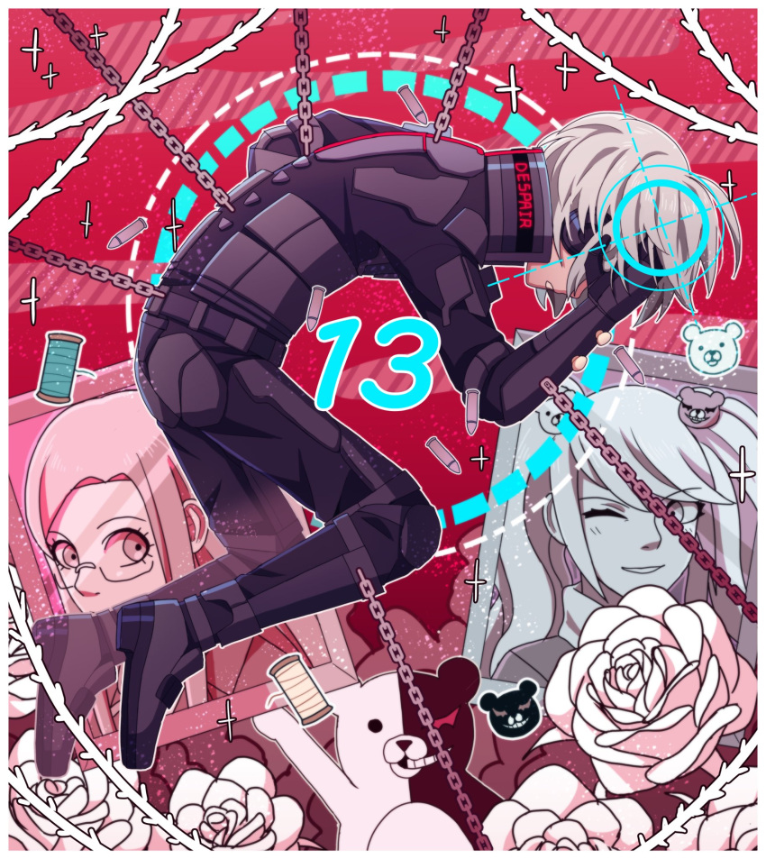 1boy android bear_hair_ornament black_pants black_sweater blush border bullet chain cheer_(cheerkitty14) dangan_ronpa:_trigger_happy_havoc dangan_ronpa_(series) dangan_ronpa_v3:_killing_harmony english_commentary english_text enoshima_junko flower from_side glasses grey_hair hair_ornament hand_on_own_head highres iei keebo long_hair looking_at_viewer monokuma number one_eye_closed pants parted_lips red_background shirogane_tsumugi shoes smile solo_focus spoilers sweater teeth twintails white_border