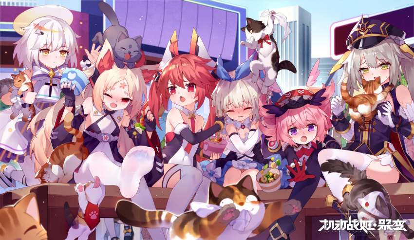 6+girls :o absurdres ahoge animal animal_ears animal_on_head armor_girls bangs blonde_hair blue_ribbon cat cat_on_head character_request city closed_eyes commentary_request copyright_name crying day detached_sleeves dress elbow_gloves eyebrows_visible_through_hair feet fingerless_gloves gloves grey_hair hair_ribbon hat highres leotard long_hair long_sleeves multiple_girls on_head one_eye_closed outdoors panties panties_removed pantyhose parted_bangs pink_hair purple_dress purple_headwear red_eyes red_gloves red_headwear redhead ribbon short_eyebrows short_hair sitting soles standing thigh-highs toes tsubasa_tsubasa twintails underwear very_long_hair violet_eyes white_gloves white_hair white_legwear yellow_eyes