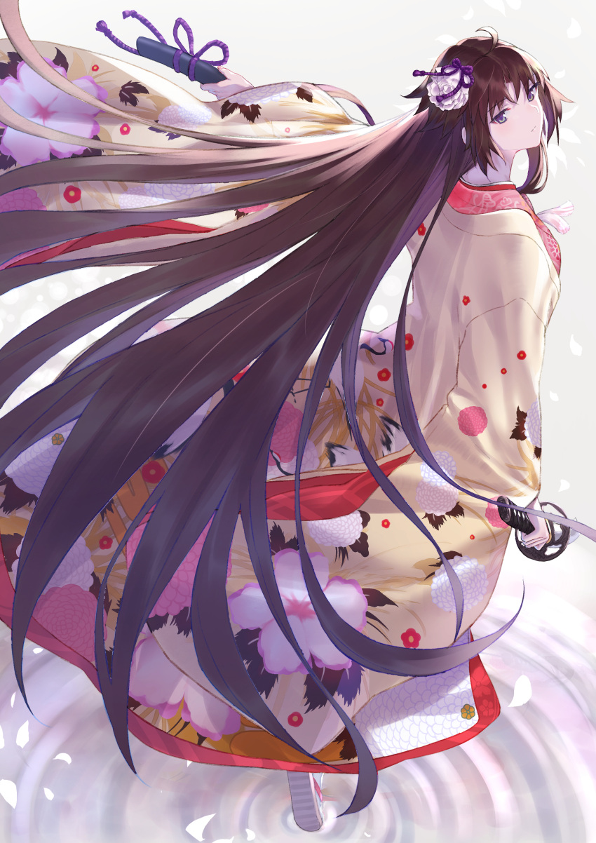 1girl absurdres bangs black_hair clogs fate/grand_order fate_(series) flower hair_flower hair_ornament highres holding holding_sword holding_weapon japanese_clothes kara_no_kyoukai katana kimono long_hair looking_at_viewer looking_back petals reflection ripples ryougi_shiki simple_background solo standing standing_on_liquid sword takubon very_long_hair violet_eyes weapon white_background