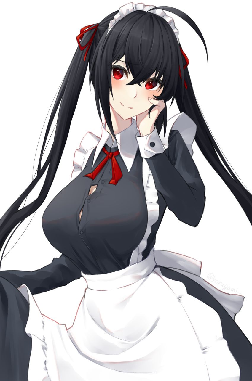 1girl ahoge alternate_costume apron azur_lane bangs black_dress black_hair blush breasts button_gap commentary_request dress enmaided frills hair_between_eyes highres large_breasts long_hair looking_at_viewer maid maid_apron maid_headdress red_eyes smile solo taihou_(azur_lane) very_long_hair yorugami_rei