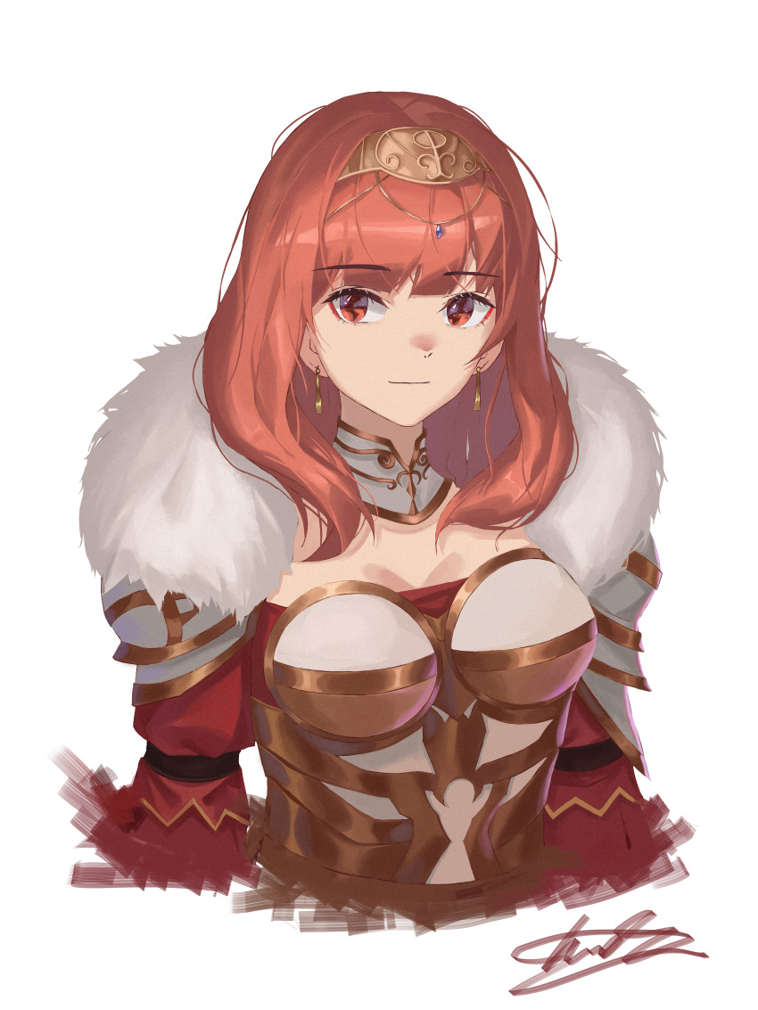 absurdres armor bangs breastplate celica_(fire_emblem) choker circlet earrings eyebrows_visible_through_hair eyeliner fire_emblem fire_emblem_echoes:_shadows_of_valentia fire_emblem_gaiden fur_trim gem gold_armor gold_trim headwear highres jewelry light_smile long_sleeves makeup medium_hair obsession red_eyes redhead shoulder_armor upper_body