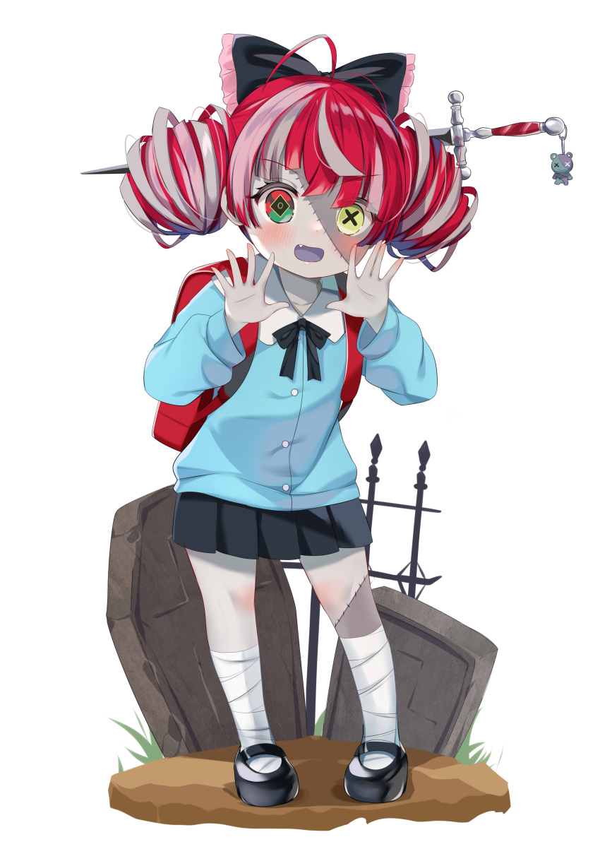 1girl :d absurdres backpack bag bangs black_bow blue_shirt blue_skirt blush bow child colored_skin double_bun eyebrows_visible_through_hair fang graveyard grey_hair grey_skin hair_bow hands_up heterochromia highres hololive hololive_indonesia ikazu401 iron_fence kindergarten_uniform kureiji_ollie looking_at_viewer multicolored_hair open_mouth pink_hair pleated_skirt randoseru red_bag red_eyes redhead shirt skirt smile socks solo stitched_face stitches sword sword_in_head symbol-shaped_pupils tombstone udin_(kureiji_ollie) weapon white_legwear yellow_eyes younger zombie
