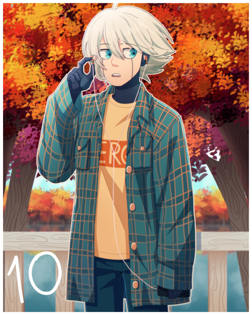 1boy ahoge android autumn autumn_leaves bangs black_pants blue_eyes border cheer_(cheerkitty14) dangan_ronpa_(series) dangan_ronpa_v3:_killing_harmony earphones earphones_removed english_commentary green_jacket grey_hair highres holding holding_phone jacket keebo leaf male_focus maple_leaf number open_clothes open_jacket open_mouth orange_shirt outdoors pants phone plaid plaid_jacket plaid_shirt shirt short_hair sideways_glance sleeves_past_wrists solo tree upper_teeth water white_border