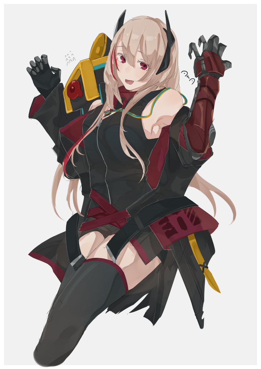 1girl alternate_costume artist_name banana_(girls_frontline) black_legwear blonde_hair blush breasts eyebrows_visible_through_hair girls_frontline hair_ornament highres long_hair looking_at_viewer m4_sopmod_ii_(girls_frontline) mechanical_arms medium_breasts multicolored_hair open_mouth red_eyes single_mechanical_arm solo sutekina_awa thigh-highs white_background