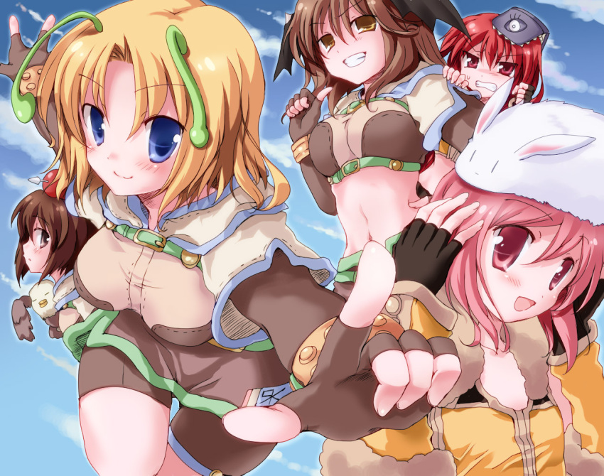 5girls antennae apple apple_o_archer apple_on_head arrow_(projectile) bangs bike_shorts bird black_wings blonde_hair blue_eyes breasts brown_eyes brown_gloves brown_hair brown_shirt brown_shorts brown_skirt clenched_teeth closed_mouth commentary_request crop_top demon_wings elbow_gloves eyebrows_visible_through_hair falcon feet_out_of_frame fingerless_gloves food fruit fur-trimmed_gloves fur-trimmed_shirt fur_trim gloves grin hair_between_eyes head_wings hizukiryou hunter_(ragnarok_online) jacket large_breasts looking_at_viewer lunatic_(ragnarok_online) medium_breasts medium_hair midriff miniskirt multiple_girls navel open_mouth parted_bangs pink_hair rabbit ragnarok_online red_eyes redhead shirt short_hair short_shorts short_sleeves shorts shorts_under_skirt skirt smile sniper_(ragnarok_online) teeth two-tone_shirt white_jacket wings wristband yellow_shirt