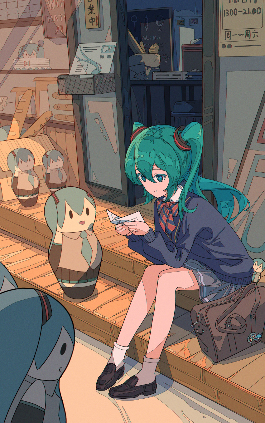 1girl absurdres aqua_neckwear badge bag baguette bare_shoulders black_sleeves blue_skirt blue_sweater bow bowtie box bread cardboard_box chalkboard character_doll commentary detached_sleeves food grey_shirt hair_ornament hatsune_miku highres holding holding_paper light_smile long_hair mailbox_(incoming_mail) mary_janes matryoshka_doll miniskirt mori_(user_gdnz7828) necktie open_mouth paper parted_lips photo_(object) pleated_skirt porch reading school_uniform shelf shirt shoes shoulder_bag sitting skirt sleeveless sleeveless_shirt solid_oval_eyes solo speaker striped striped_neckwear sweater twintails vocaloid