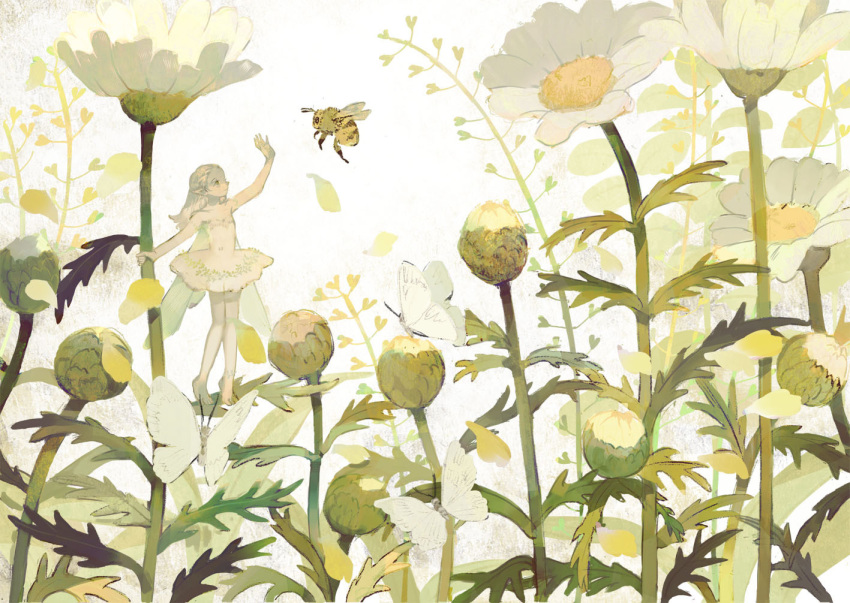 1girl barefoot bee braid bug butterfly dress fairy fairy_wings flower holding holding_flower insect leaf long_hair original outdoors plant pointy_ears rt0no solo standing strapless strapless_dress waving white_dress white_hair wings