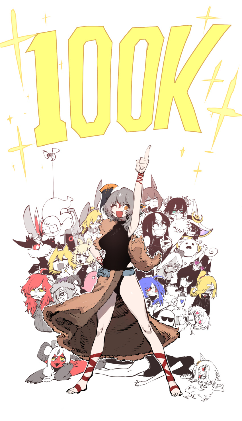 6+girls :d absurdres ahoge animal_ears axe axehorn_(ssambatea) barefoot belt belt_pouch black_leotard blonde_hair borrowed_character brown_hair cat_ears character_name choker cup curled_horns d: eyewear_on_head furry grey_hair hand_up hat heart heart_choker highres holding holding_cup horns index_finger_raised leotard llama looking_at_viewer medium_hair milestone_celebration multicolored_hair multiple_girls noss_(rariatto) one_eye_closed open_mouth original parted_lips pelt pink_eyes pointy_ears pouch red_eyes redhead ringed_eyes sharp_teeth skye_(hcnone) smile solo_focus ssambatea standing streaked_hair sunglasses teeth too_many_borrowed_characters vampire_(gogalking) waist_cape witch_hat