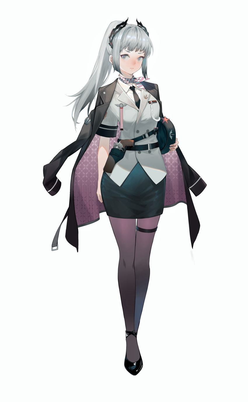 1girl absurdres alternate_costume arknights black_footwear black_necktie black_skirt cigarette_p closed_mouth coat coat_on_shoulders collared_shirt commentary_request full_body grey_eyes grey_hair grey_jacket gun hat hat_ornament head_wings highres holding holding_clothes holding_hat holster irene_(arknights) jacket long_hair long_sleeves looking_at_viewer miniskirt necktie pantyhose ponytail purple_pantyhose revolver scarf shirt sidelocks simple_background skirt solo star_(symbol) star_hat_ornament tachi-e uniform weapon white_background white_shirt wings