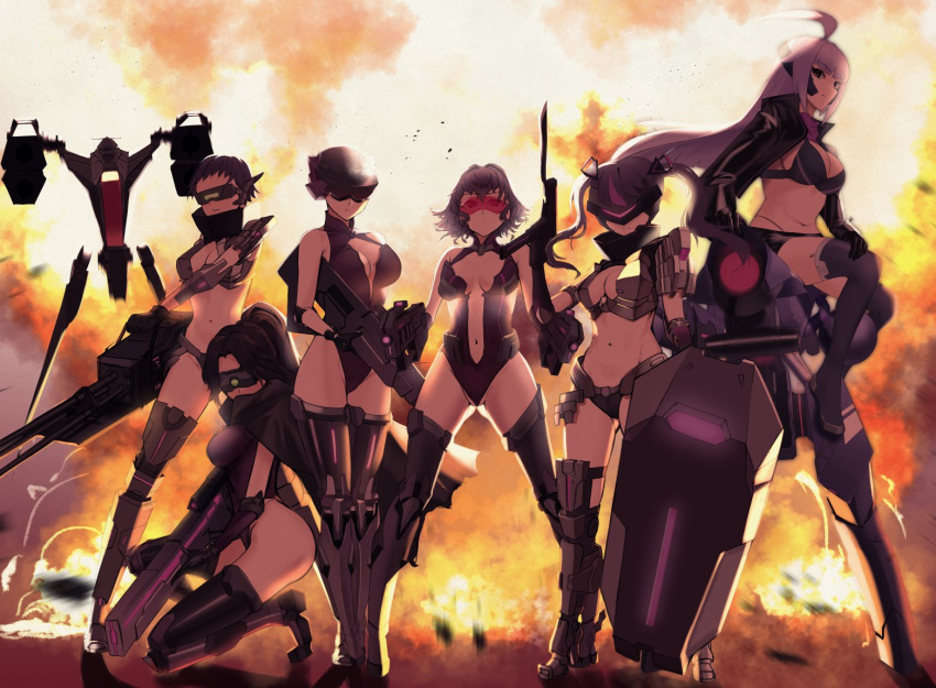 ahoge breasts character_request dragoon_(girls_frontline) explosion expressionless girls_frontline guard_(girls_frontline) gun jaeger_(girls_frontline) long_hair mecha navel purple_hair ripper_(girls_frontline) sangvis_ferri saturndxy short_hair striker_(girls_frontline) very_long_hair vespid_(girls_frontline) weapon