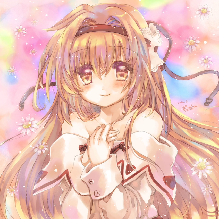 1girl bangs blush brown_eyes brown_hair closed_mouth commentary_request dated dress eyebrows_visible_through_hair flower hair_between_eyes hair_intakes hizukiryou long_hair looking_at_viewer off-shoulder_dress off_shoulder original own_hands_together signature smile solo upper_body white_dress white_flower