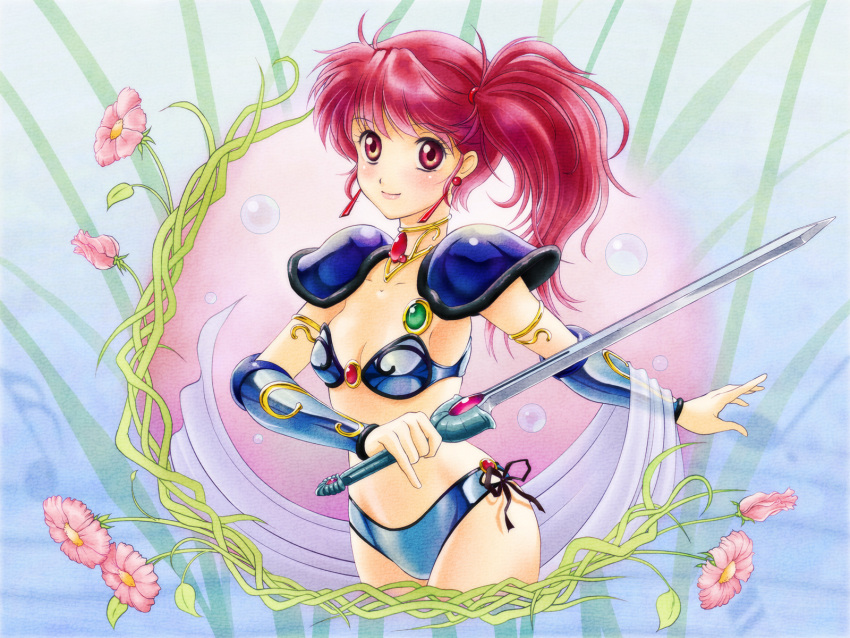1girl armor asagiri_youko bikini_armor choker closed_mouth commentary_request earrings flower genmu_senki_leda highres holding holding_sword holding_weapon inomata_mutsumi_(style) jewelry parody partial_commentary pauldrons red_eyes redhead sash short_hair shoulder_armor side_ponytail smile solo style_parody sword tamanegiinyo weapon