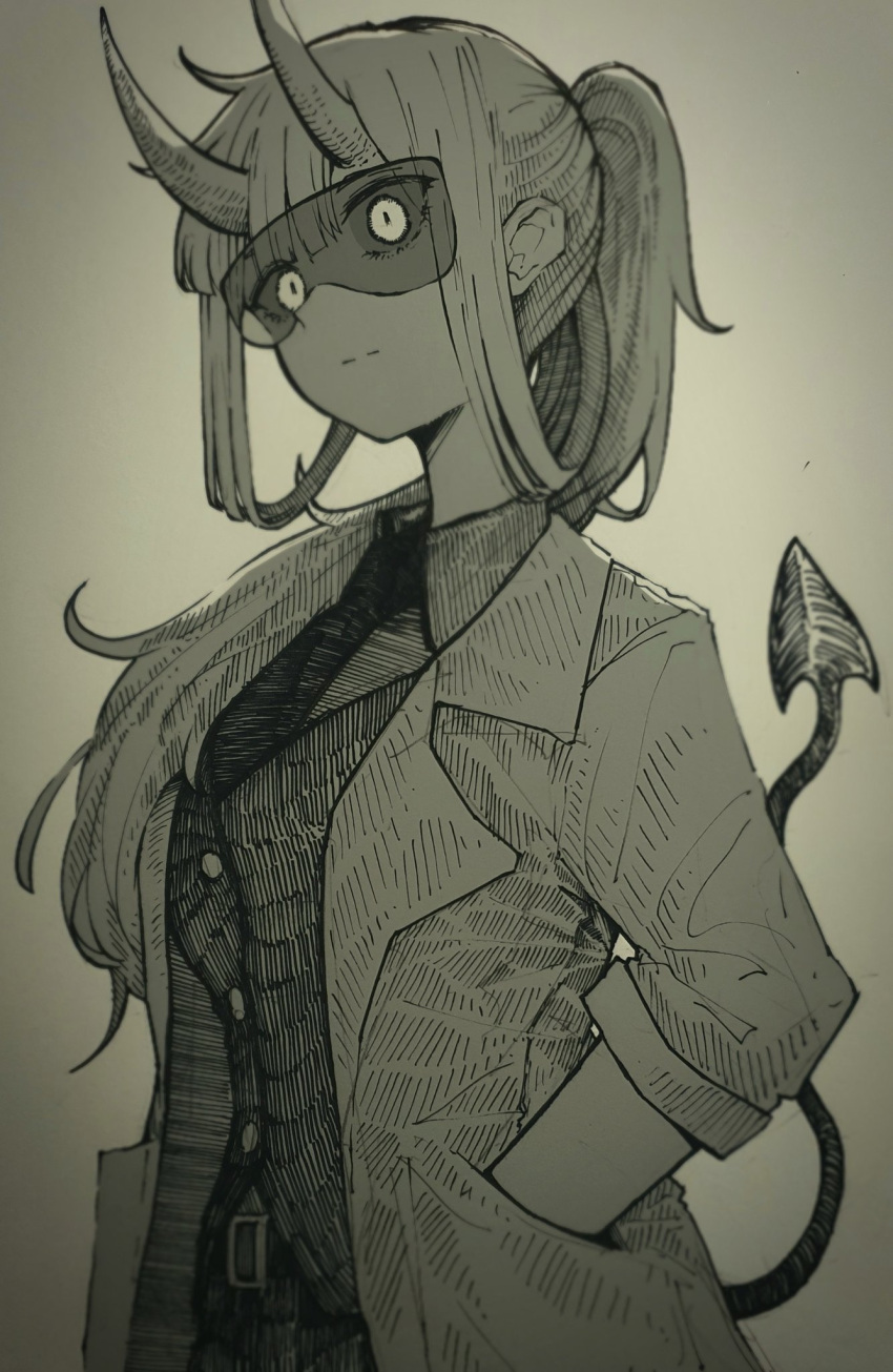 1girl bangs belt breasts closed_mouth coat collared_shirt cowboy_shot demon_girl demon_tail formal fru_(fru69923366) goggles hand_in_pocket helltaker highres horns labcoat long_hair long_sleeves looking_at_viewer loremaster_(helltaker) monochrome necktie open_clothes open_coat pants ponytail shirt solo standing suit tail traditional_media vest