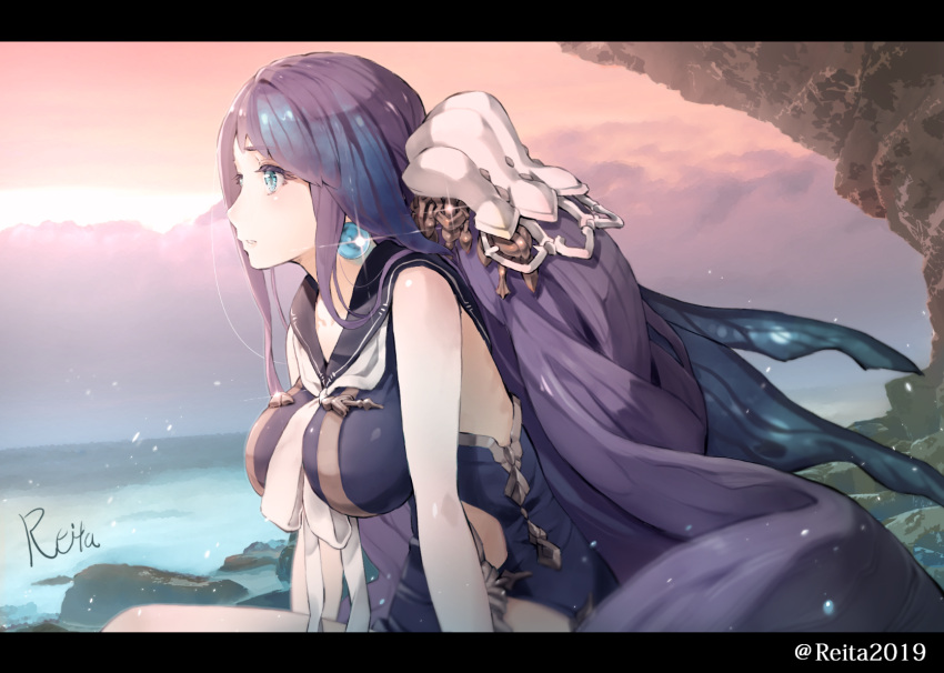 1girl black_border blue_eyes blue_hair border breasts dress earrings eyebrows_visible_through_hair fins hair_ornament highres hoshizaki_reita jewelry large_breasts long_hair looking_to_the_side ningyo_hime_(sinoalice) ocean open_mouth parted_lips ribbon rock signature sinoalice solo sunset teeth twintails twitter_username