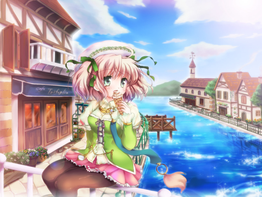 1girl balcony bangs blue_flower blue_sky blush breasts brown_legwear building clouds commentary_request day dress eating eyebrows_visible_through_hair feet_out_of_frame fence flower food green_dress green_eyes hair_between_eyes hizukiryou ice_cream lake looking_afar medium_breasts medium_hair mountainous_horizon open_mouth original outdoors pantyhose pier pink_hair pink_skirt plant potted_plant red_flower river sitting skirt sky solo sparkle two_side_up water weather_vane window yellow_flower