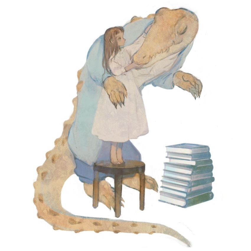 1girl animal barefoot blue_pants blue_shirt book book_stack brown_hair child claws closed_eyes clothed_animal crocodile crocodilian dress frilled_shirt_collar frills from_side hand_on_another's_head highres long_dress long_hair long_sleeves on_stool original pajamas pants petting rt0no sharp_teeth shirt standing stool teeth white_background white_dress