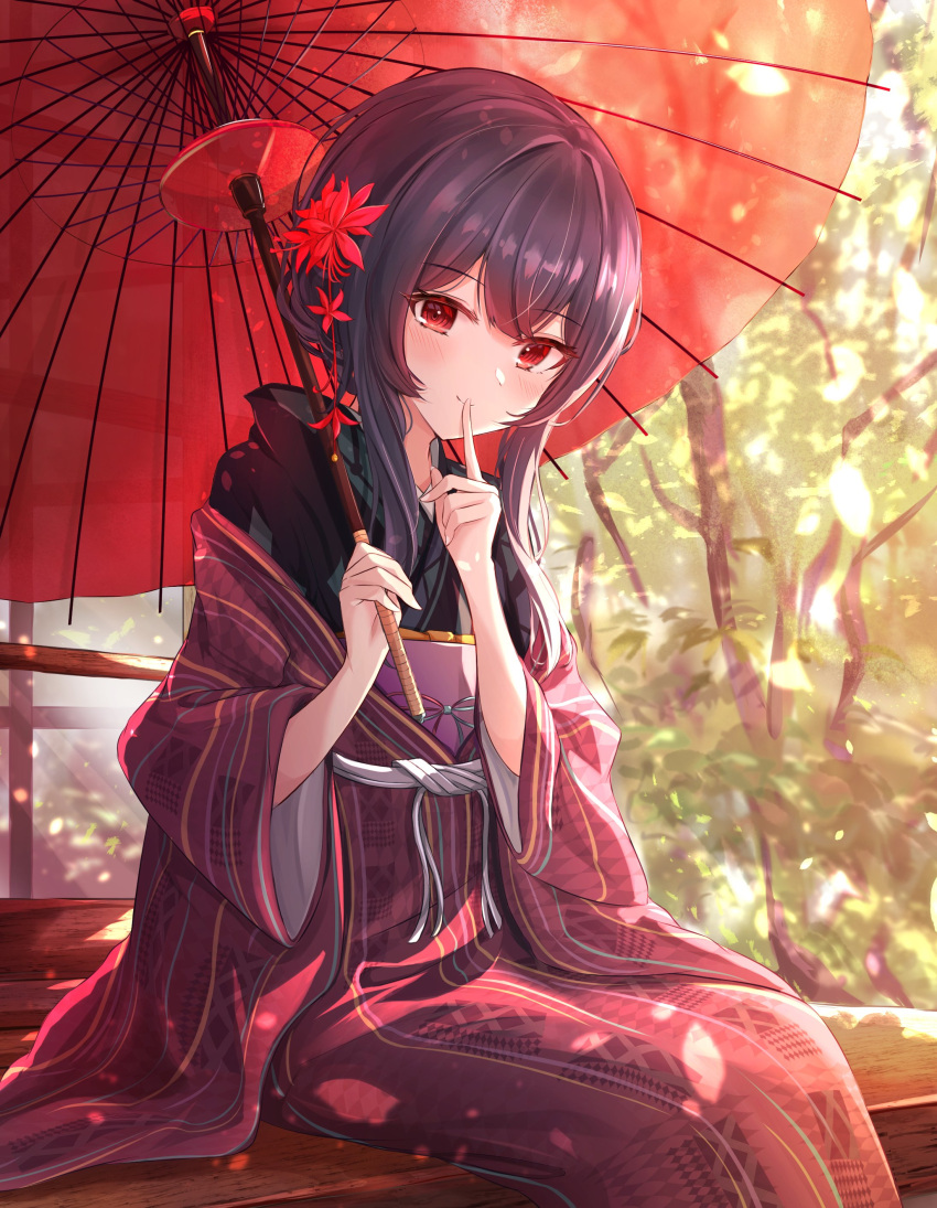 1girl absurdres black_hair eyebrows_visible_through_hair flower forest hair_bun hair_flower hair_ornament highres idolmaster idolmaster_shiny_colors japanese_clothes kimono looking_at_viewer morino_rinze nature outdoors purple_hair red_eyes sidelocks sitting sky_cappuccino solo tied_hair tree umbrella