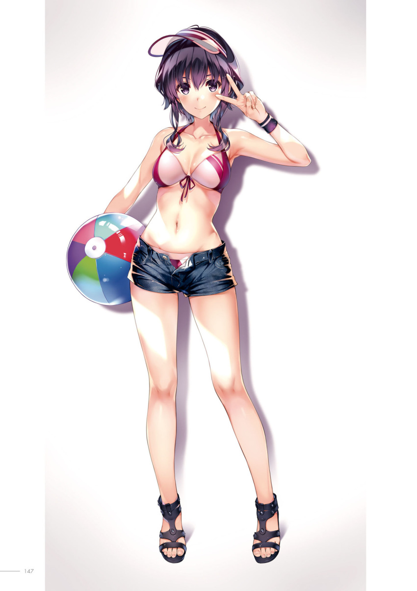 1girl ball beachball bikini bikini_top breasts full_body highres holding hyoudou_michiru looking_at_viewer medium_breasts midriff misaki_kurehito navel official_art saenai_heroine_no_sodatekata sleeveless standing sunglasses swimsuit white_background