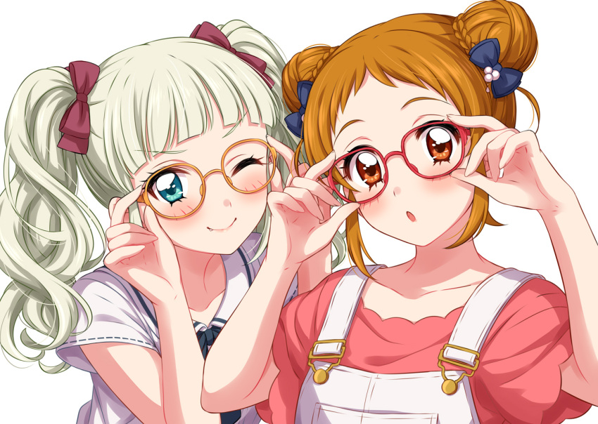 adjusting_eyewear aikatsu! aikatsu!_(series) arisugawa_otome bangs black_neckwear black_ribbon blonde_hair blue_bow blue_eyes blunt_bangs blush bow closed_mouth double_bun fang fang_out glasses green_shirt hair_bow hands_up looking_at_viewer neck_ribbon one_eye_closed orange-framed_eyewear overalls parted_lips red-framed_eyewear red_bow ribbon school_uniform sekina serafuku shirt short_sleeves simple_background smile toudou_yurika twintails white_background