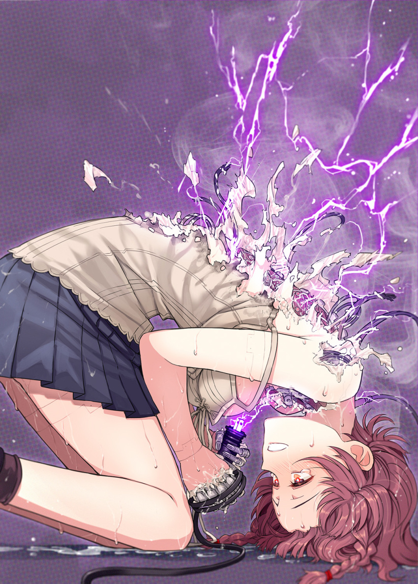 android android_girl_(itou) bad_id bad_twitter_id black_skirt blush braid camisole curled_up electricity explosion from_side highres itou_(onsoku_tassha) joints mechanical_parts melting miniskirt open_mouth original red_eyes redhead robot_joints short_hair side_braid skirt strap_slip sweat tears