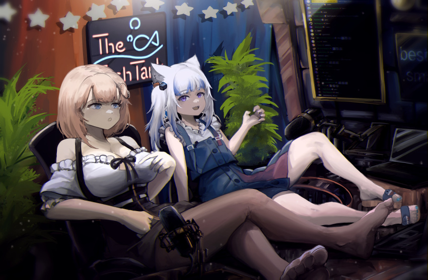 absurdres animal_ears bangs bare_shoulders blonde_hair blue_eyes blue_hair cat_ears chair chat_log gaming_chair gawr_gura hair_ornament highres hololive hololive_english long_hair microphone monocle_hair_ornament multicolored_hair multiple_girls neon_lights open_mouth pantyhose shirt sign silver_hair skirt slippers streaked_hair virtual_youtuber vyragami watson_amelia white_shirt