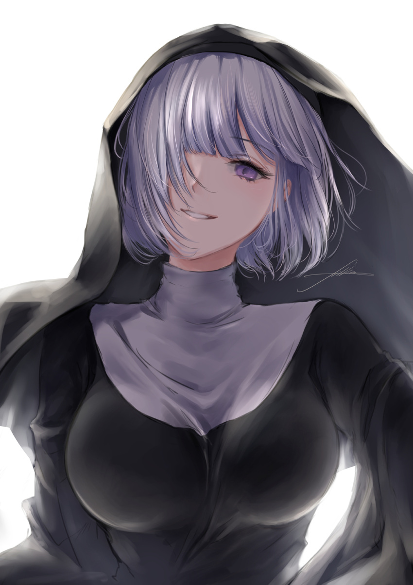 1girl breasts defy_(girls_frontline) eyebrows_visible_through_hair filha girls_frontline habit highres looking_at_viewer md5_mismatch medium_breasts medium_hair nun one_eye_covered rpk-16_(girls_frontline) signature silver_hair smile solo_focus violet_eyes white_background wind