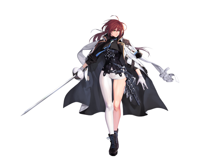 1girl absurdres ahoge asymmetrical_pants badge bangs black_footwear black_shirt black_survival boots brooch brown_hair closed_mouth coat coat_on_shoulders collar fiora_pellerin full_body gloves green_eyes hair_between_eyes highres holding holding_sword holding_weapon jewelry lips looking_away official_alternate_costume official_art one_touch pants rapier shirt shoelaces solo standing sword transparent_background weapon white_coat white_gloves white_pants