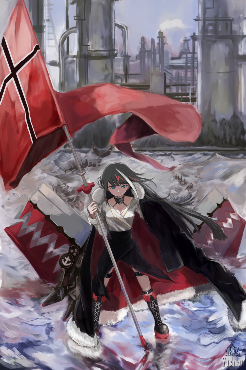 1girl area_yuchiku azur_lane blue_eyes boots deutschland_(azur_lane) flag flagpole highres ice jacket jacket_on_shoulders leather leather_boots long_hair looking_at_viewer multicolored_hair shirt skirt slit_pupils white_shirt