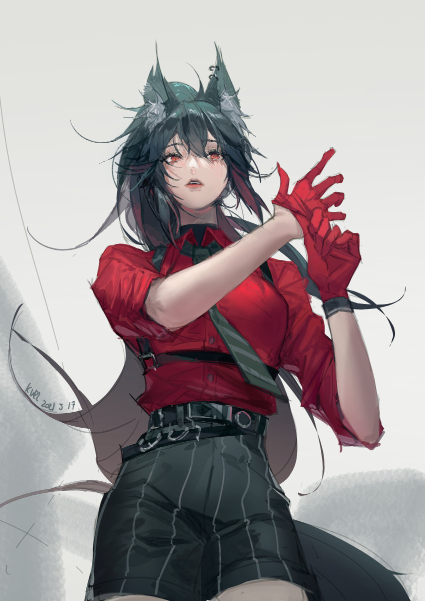 1girl absurdres animal_ears arknights black_hair black_neckwear black_shorts black_wristband dated ear_piercing gloves grey_background highres kurii89800727 lips looking_at_viewer necktie official_alternate_costume piercing red_eyes red_gloves red_shirt shirt shorts solo tail texas_(arknights) texas_(willpower)_(arknights) wolf_ears wolf_girl wolf_tail