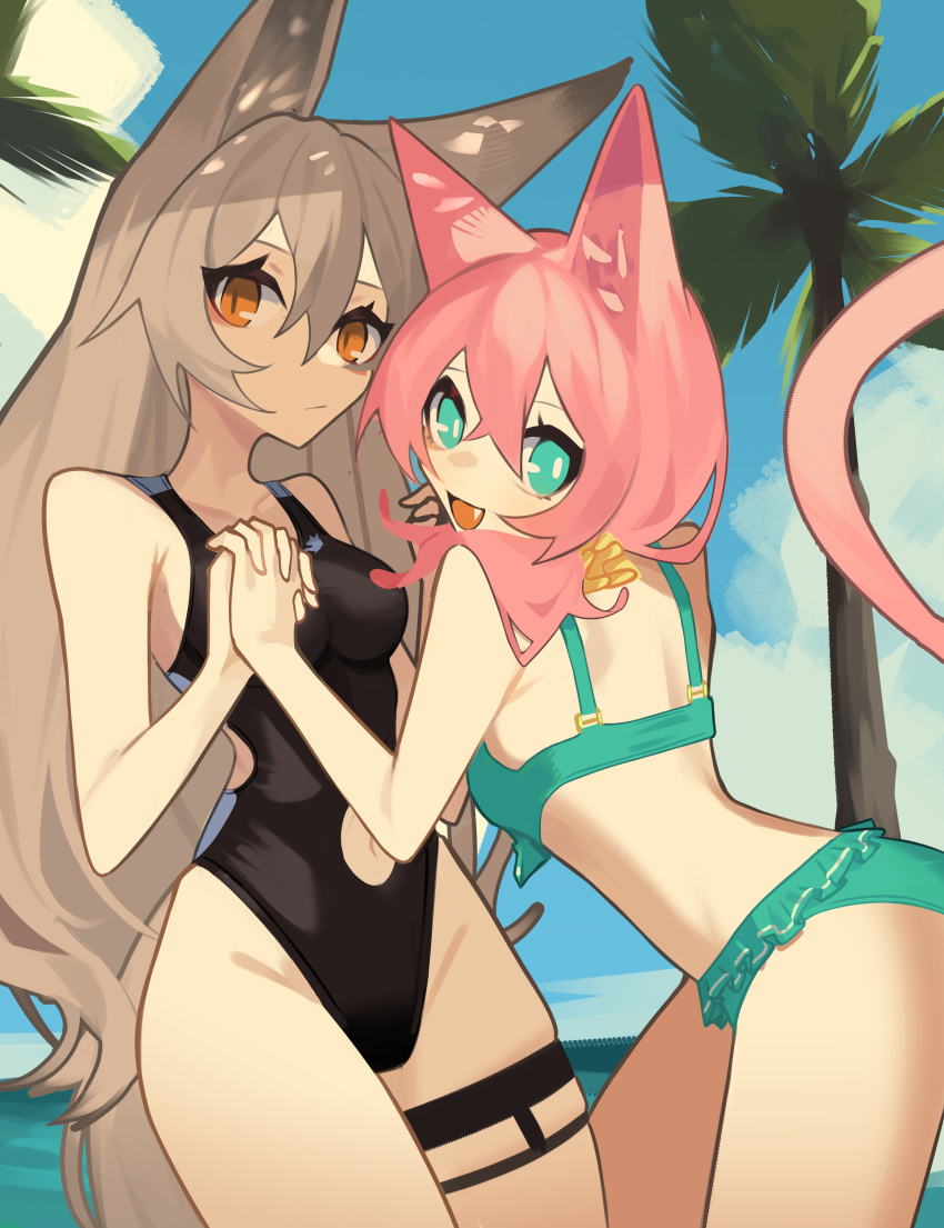 2girls absurdres animal_ears bikini bikini_skirt black_swimsuit breasts bright_pupils cat_ears cat_girl cat_tail collarbone expressionless fang fenrir_(ghost_(tama)) ghost_(tama) green_bikini green_eyes grey_hair highres holding_hands long_hair medium_breasts medium_hair multiple_girls one-piece_swimsuit open_mouth original palm_tree pink_hair skindentation slit_pupils smile swimsuit tail thigh_strap tree white_pupils wolf_ears wolf_girl yellow_eyes