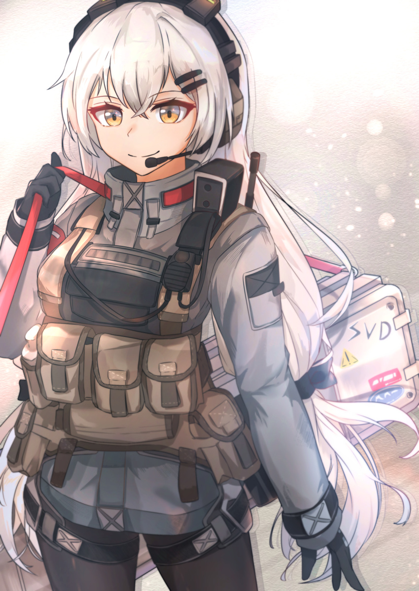 1girl absurdres bangs black_gloves black_legwear body_armor character_name closed_mouth commentary_request dragunov_svd eyebrows_visible_through_hair girls_frontline gloves gun headphones highres holding_case jacket long_hair looking_at_viewer muteppona_hito pantyhose rifle silver_hair simple_background smile sniper_rifle solo svd_(girls_frontline) tactical_clothes walkie-talkie weapon weapon_case yellow_eyes