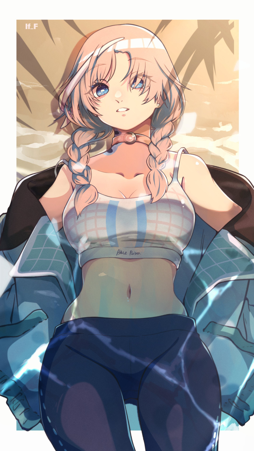 1girl absurdres arknights artist_name bangs bare_shoulders black_pants blue_eyes blue_poison_(arknights) blue_poison_(shoal_beat)_(arknights) border braid breasts choker cowboy_shot crop_top earrings hairband highres if_f jacket jewelry leggings long_sleeves lying medium_breasts midriff navel official_alternate_costume on_back open_clothes open_jacket pants parted_lips partially_submerged pink_choker pink_hair short_hair sports_bra stomach twin_braids water white_border white_jacket