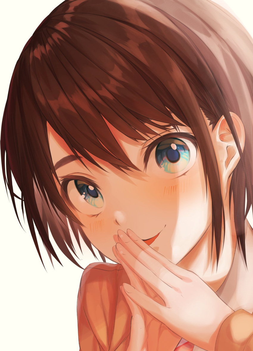 1girl bangs blue_eyes blush brown_hair close-up collared_shirt commentary_request eyelashes hand_up hands_up highres hololive long_sleeves looking_at_viewer nojikorirakkusu oozora_subaru open_mouth orange_shirt portrait shadow shiny shiny_hair shirt short_hair simple_background smile solo steepled_fingers swept_bangs virtual_youtuber white_background